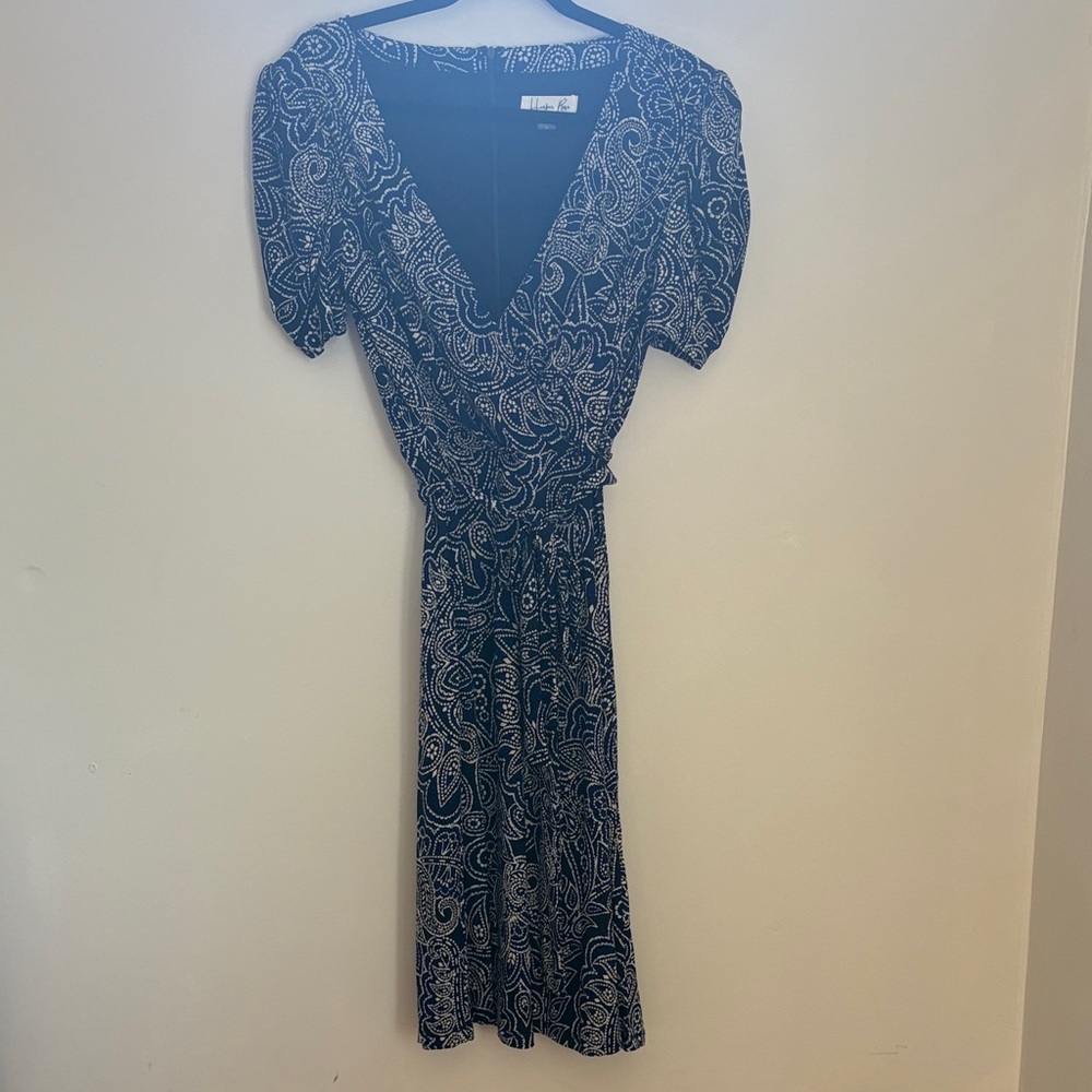 Wrap-Front Navy Paisley Midi Dress with Tie Waist
